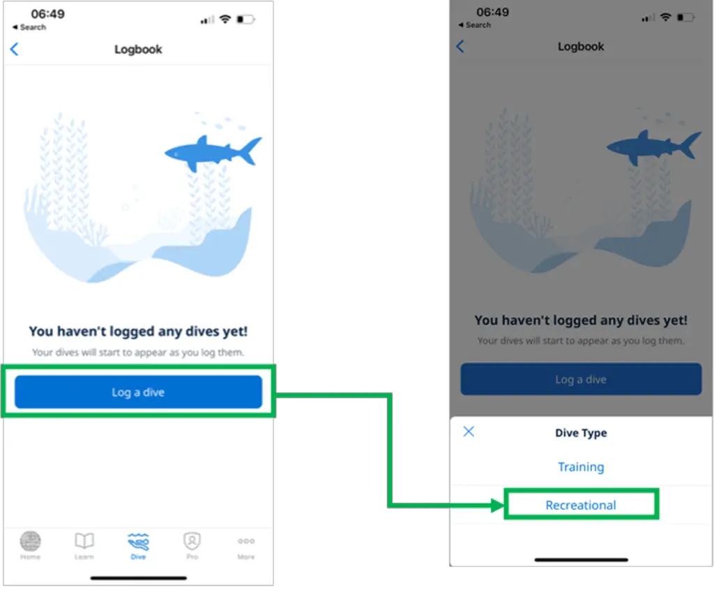 PADI APP: Choose Recreational Dive