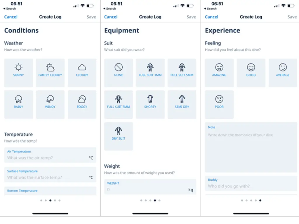 PADI APP: Insert Conditions, Equipment and Experience details