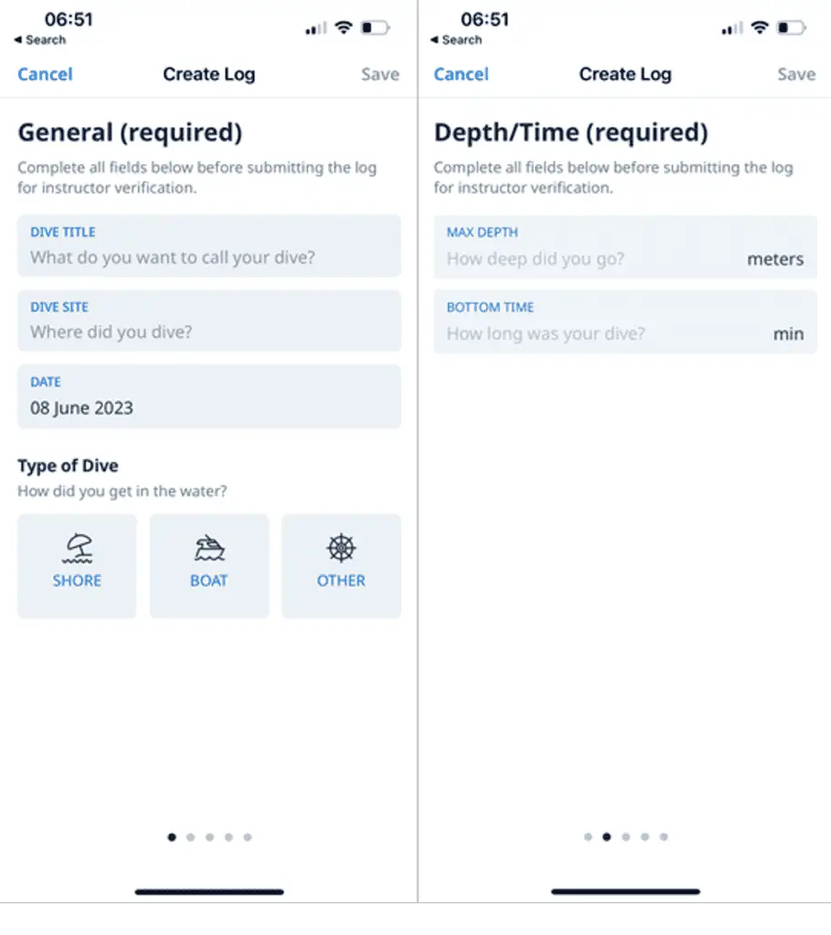 PADI APP: Insert General and Depth/Time Details