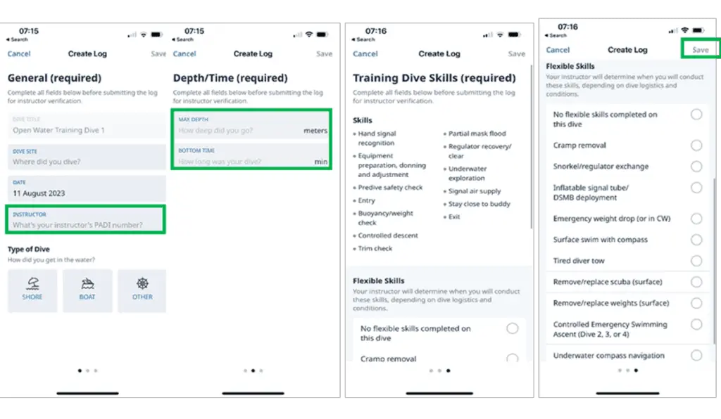 PADI APP: Insert all the details of your training dive and click on save