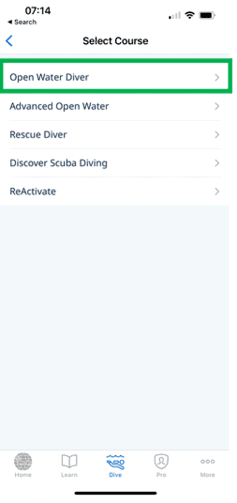 PADI APP: Select the Relevant Training Course