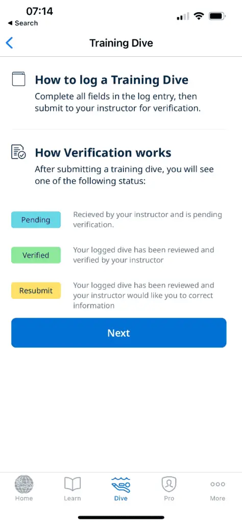 PADI APP: Training Dive Verification Process